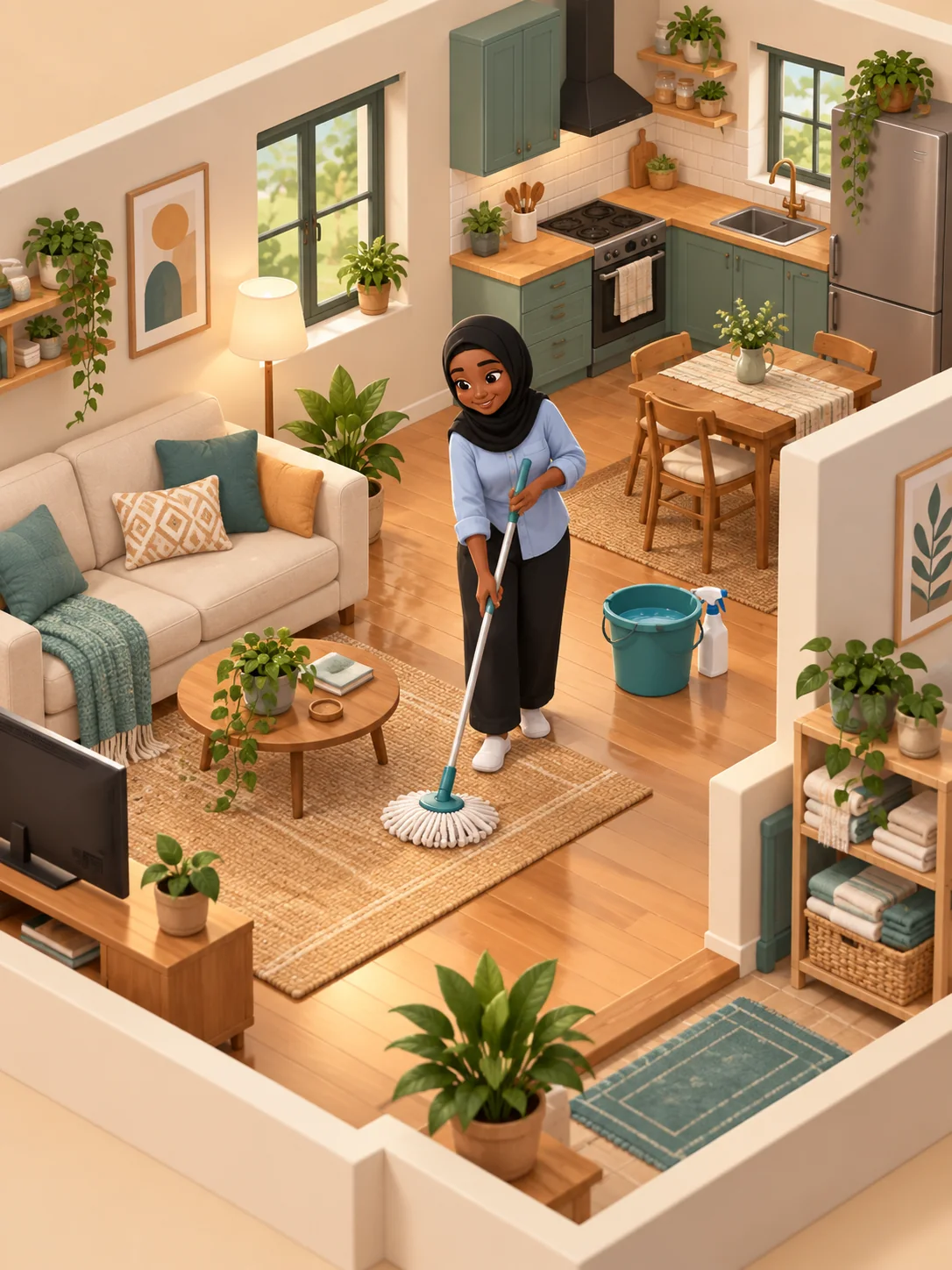 Illustration of Nandoro mopping a sunny living room