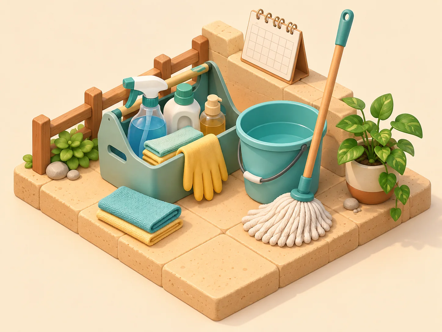 Illustration of a cleaning caddy, mop, bucket and plant